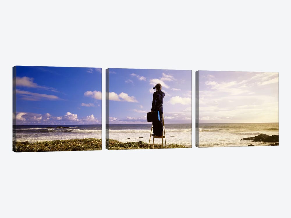 Businessman On A Ladder Looking Through Binoculars On A Beach, California, USA by Panoramic Images 3-piece Canvas Print