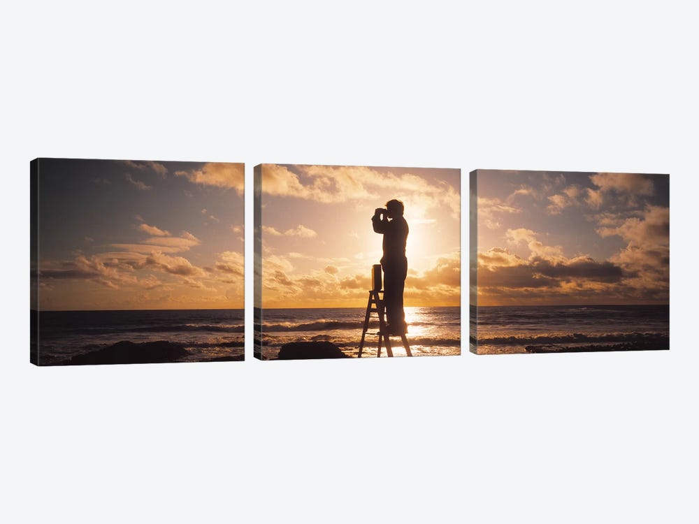 Man Looking Through Binoculars In Silhouette by Panoramic Images 3-piece Canvas Wall Art