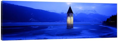 Bell Tower Of Campanile di Curon In Winter, Lago di Resia, South Tyrol, Italy Canvas Art Print - Tower Art