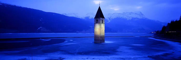 Bell Tower Of Campanile di Curon In Winter, Lago di Resia, South Tyrol, Italy