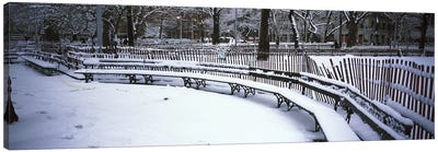 Snowcapped benches in a park, Washington Square Park, Manhattan, New York City, New York State, USA Canvas Art Print - Winter Art