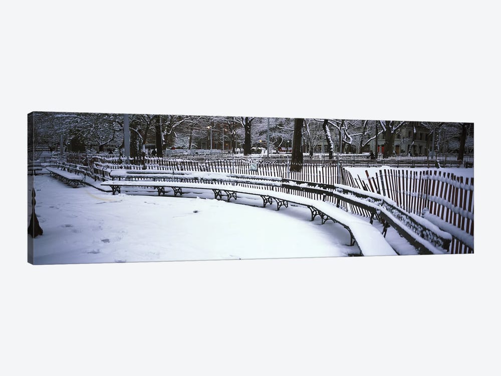 Snowcapped benches in a park, Washington Square Park, Manhattan, New York City, New York State, USA by Panoramic Images 1-piece Canvas Wall Art