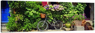 Bicycle Against A Wall Covered With Plants And Flowers, Rochefort-en-Terre, Brittany, France Canvas Art Print - Brittany