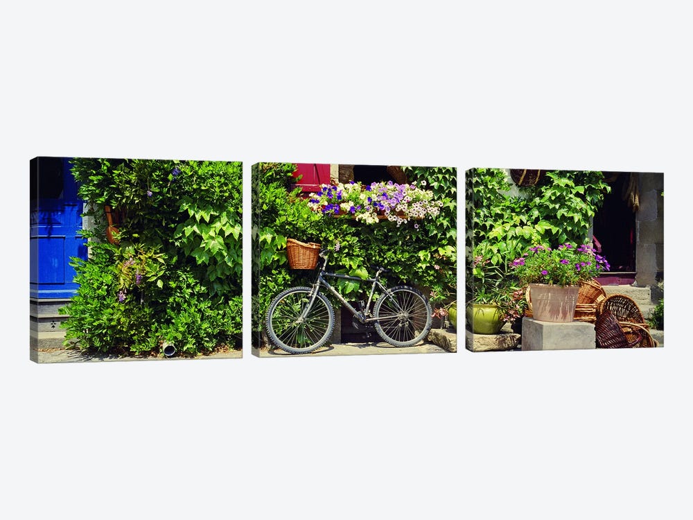 Bicycle Against A Wall Covered With Plants And Flowers, Rochefort-en-Terre, Brittany, France by Panoramic Images 3-piece Canvas Print