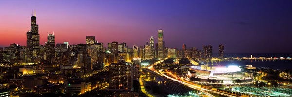 Downtown Skyline At Night, Chicago, Cook County, Illinois, USA
