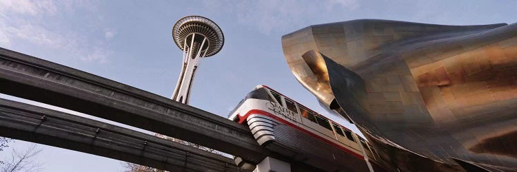 Low Angle View Of The Monorail And Space Needle, Seattle, Washington State, USA