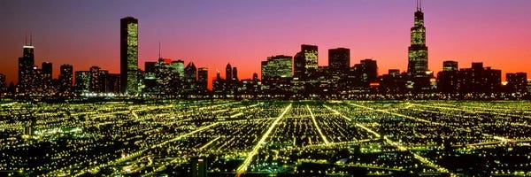 City Sunrises & Sunsets: USA, Illinois, Chicago, High angle view of the city at night by Panoramic Images
