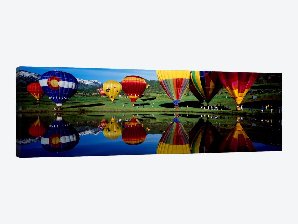 Reflection of hot air balloons in a lake, Snowmass Village, Pitkin County, Colorado, USA by Panoramic Images 1-piece Canvas Print