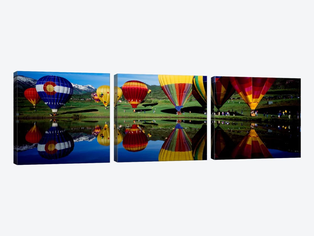 Reflection of hot air balloons in a lake, Snowmass Village, Pitkin County, Colorado, USA by Panoramic Images 3-piece Canvas Art Print