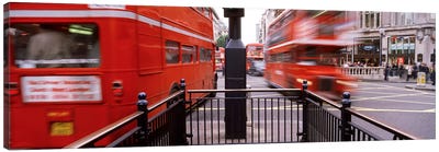 Blurred Motion View Of Double-Decker Buses, Oxford Circus Station Circle, London, England Canvas Art Print - Cars By Brand