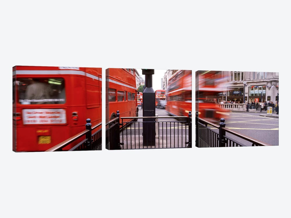 Blurred Motion View Of Double-Decker Buses, Oxford Circus Station Circle, London, England by Panoramic Images 3-piece Canvas Wall Art