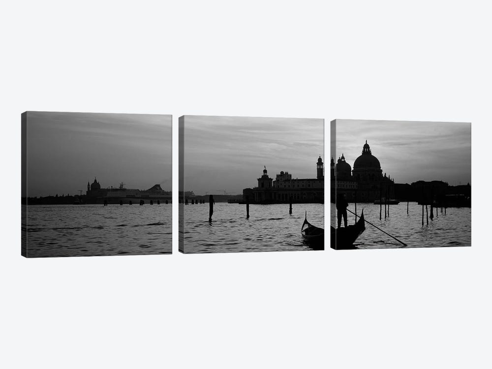 Santa Maria della Salute In B&W With A Gondoleer And His Boat On The Grand Canal In The Foreground, Venice, Italy by Panoramic Images 3-piece Canvas Art Print