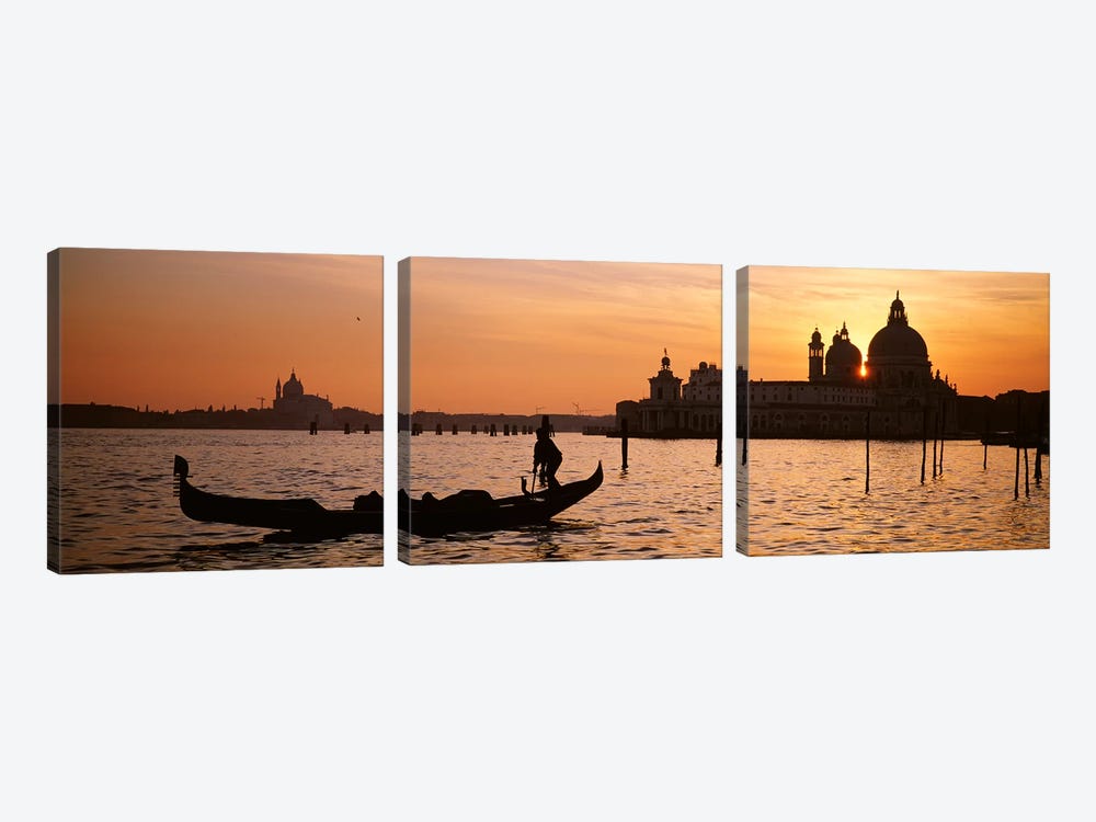 Silhouette of a gondola in a canal at sunset, Santa Maria Della Salute, Venice, Italy by Panoramic Images 3-piece Canvas Print