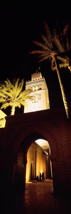 Low angle view of a mosque lit up at night, Koutoubia Mosque, Marrakesh, Morocco