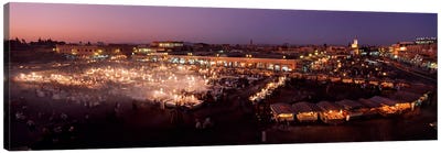 High angle view of a market lit up at dusk, Djemaa El Fna, Medina Quarter, Marrakesh, Morocco Canvas Art Print - Marrakesh