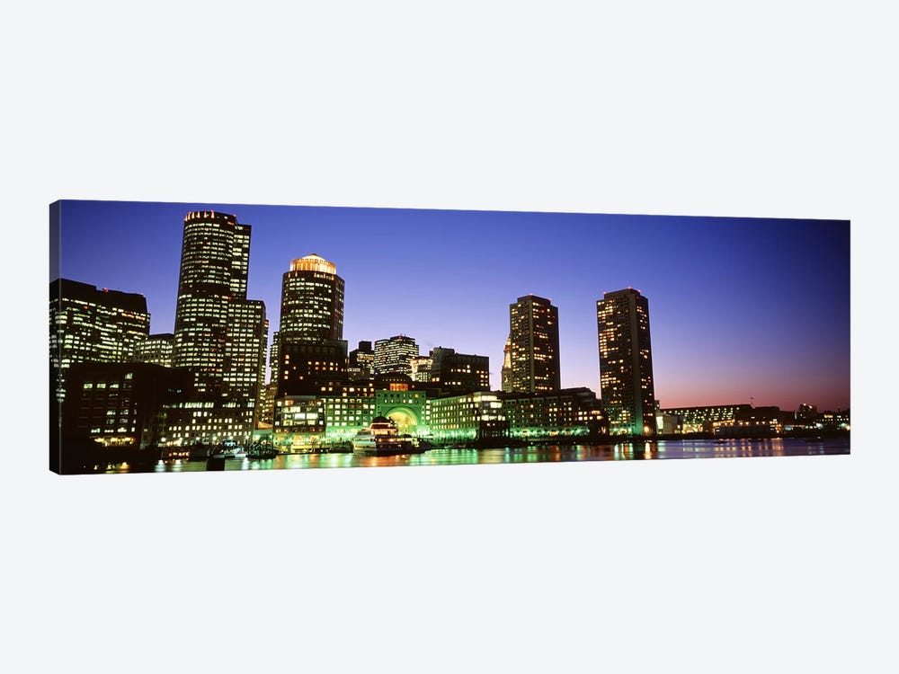 Skyscrapers at the waterfront lit up at night, Boston, Massachusetts, USA by Panoramic Images 1-piece Canvas Print