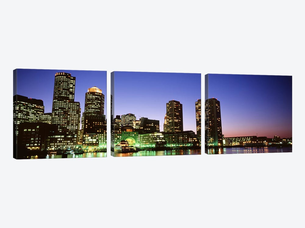 Skyscrapers at the waterfront lit up at night, Boston, Massachusetts, USA by Panoramic Images 3-piece Art Print