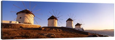 Low angle view of traditional windmills, Mykonos, Cyclades Islands, Greece Canvas Art Print - Greece Art