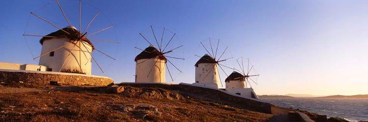 Low angle view of traditional windmills, Mykonos, Cyclades Islands, Greece