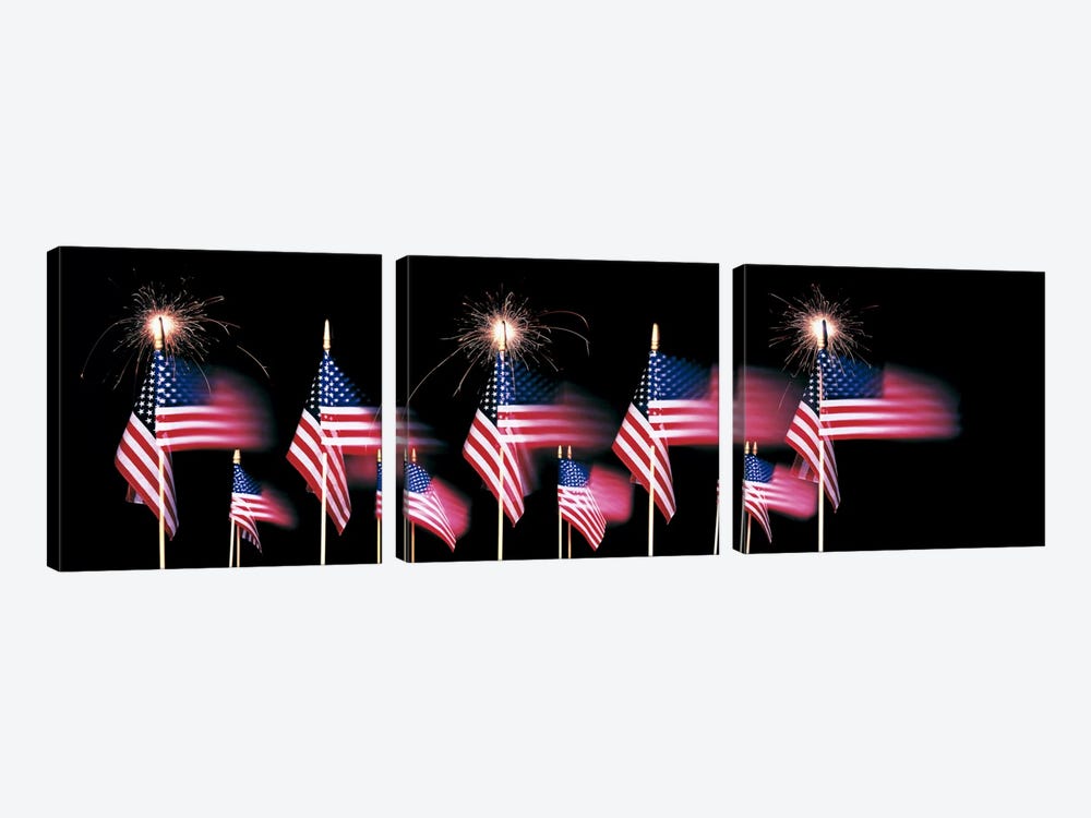 US Flags And Fireworks by Panoramic Images 3-piece Canvas Art Print
