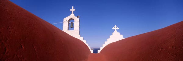 Low angle view of a bell tower of a church, Mykonos, Cyclades Islands, Greece