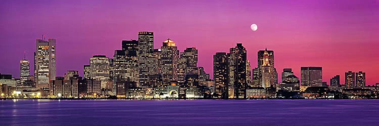 USA, Massachusetts, Boston, View of an urban skyline by the shore at night