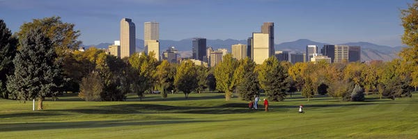 USAColorado, Denver, panoramic view of skyscrapers around a golf course