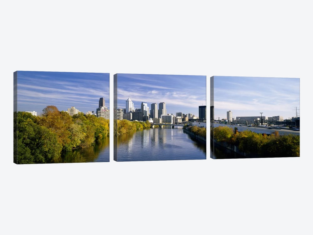 Reflection of buildings in water, Schuylkill River, Northwest Philadelphia, Philadelphia, Pennsylvania, USA by Panoramic Images 3-piece Canvas Art Print