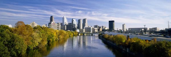 Pennsylvania: Reflection of buildings in water, Schuylkill River, Northwest Philadelphia, Philadelphia, Pennsylvania, USA by Panoramic Images