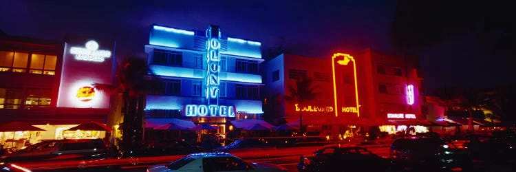 Low Angle View Of A Hotel Lit Up At Night, Miami, Florida, USA