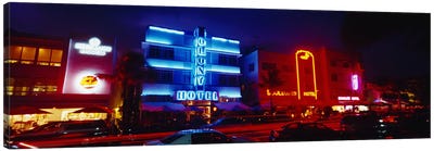 Low Angle View Of A Hotel Lit Up At Night, Miami, Florida, USA Canvas Art Print - Miami Beach