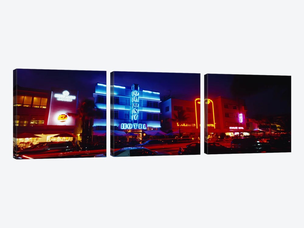 Low Angle View Of A Hotel Lit Up At Night, Miami, Florida, USA by Panoramic Images 3-piece Canvas Print