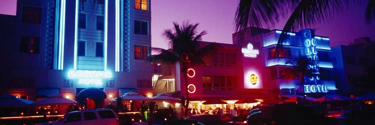 Hotel lit up at night, Miami, Florida, USA