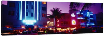 Hotel lit up at night, Miami, Florida, USA Canvas Art Print - Miami Art