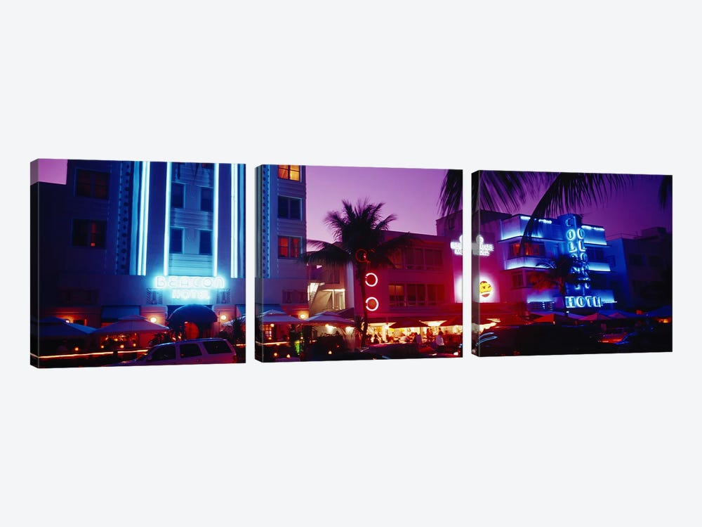 Hotel lit up at night, Miami, Florida, USA by Panoramic Images 3-piece Canvas Artwork