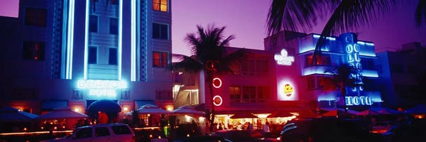 Miami Beach: Hotel lit up at night, Miami, Florida, USA by Panoramic Images