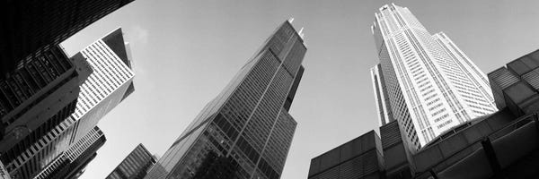 Black & White Cityscapes: Low angle view of buildings, Sears Tower, Chicago, Illinois, USA by Panoramic Images