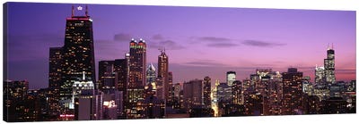 Buildings lit up at dusk, Chicago, Illinois, USA Canvas Art Print - Chicago Art