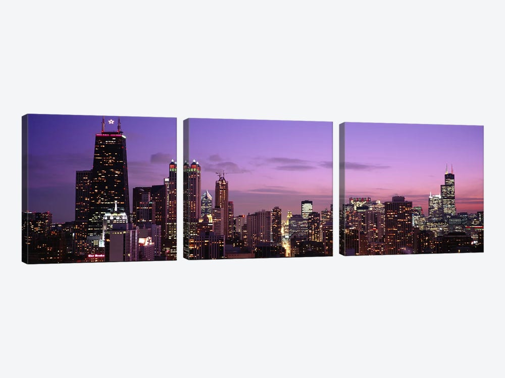 Buildings lit up at dusk, Chicago, Illinois, USA by Panoramic Images 3-piece Art Print