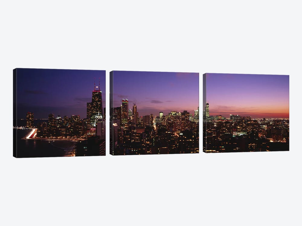 Buildings lit up at dusk, Chicago, Illinois, USA #2 by Panoramic Images 3-piece Canvas Art