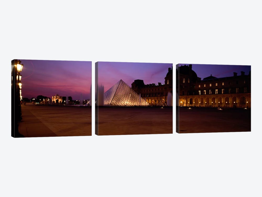 Pyramid lit up at night, Louvre Pyramid, Musee Du Louvre, Paris, Ile-de-France, France by Panoramic Images 3-piece Art Print