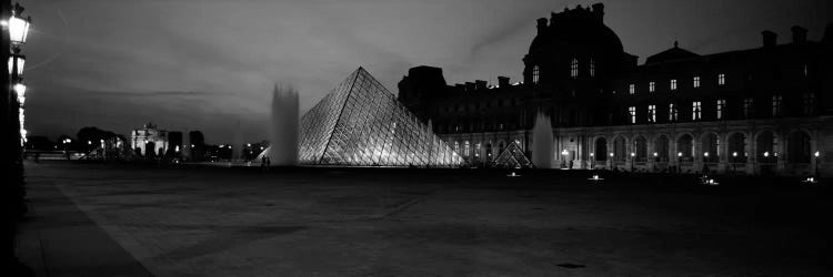 Pyramid lit up at night, Louvre Pyramid, Musee Du Louvre, Paris, Ile-de-France, France (black & white)