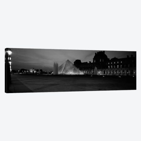 Pyramid lit up at night, Louvre Pyramid, Musee Du Louvre, Paris, Ile-de-France, France (black & white) Canvas Print #PIM460bw} by Panoramic Images Canvas Art Print