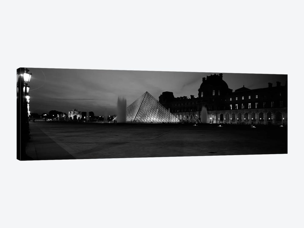 Pyramid lit up at night, Louvre Pyramid, Musee Du Louvre, Paris, Ile-de-France, France (black & white) by Panoramic Images 1-piece Canvas Art Print