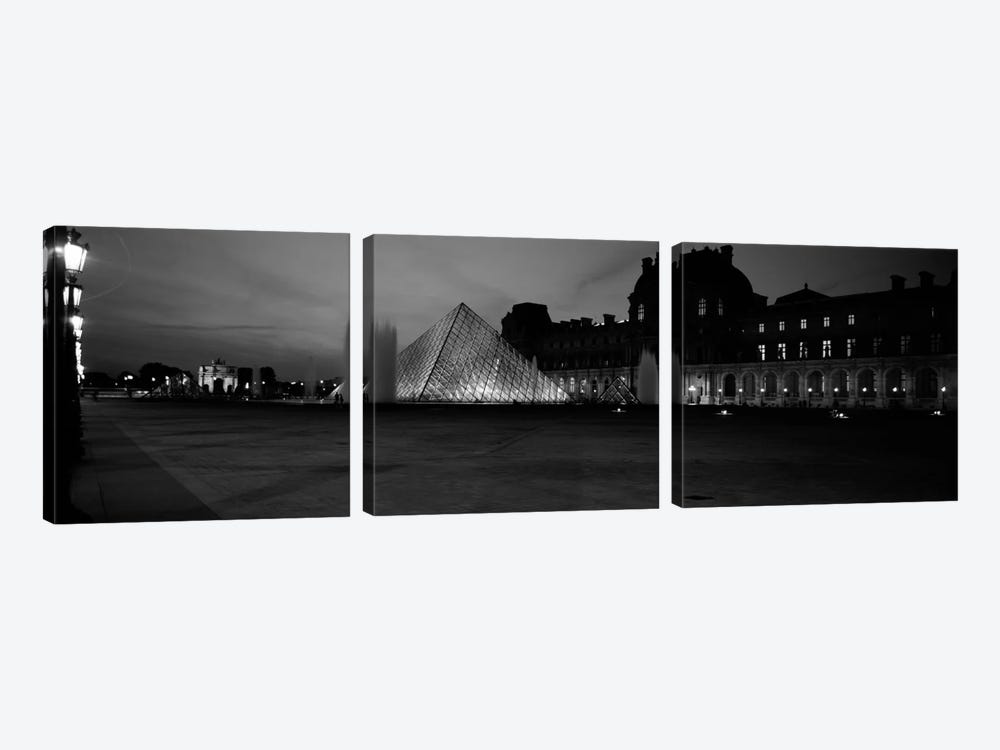 Pyramid lit up at night, Louvre Pyramid, Musee Du Louvre, Paris, Ile-de-France, France (black & white) by Panoramic Images 3-piece Canvas Print