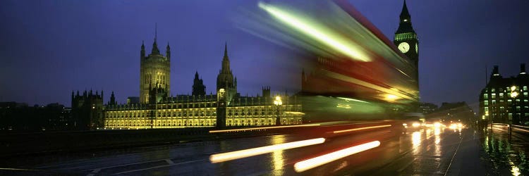 Blurred Motion View Of Nighttime Traffic On Westminster Bridge, London, England, United Kingdom