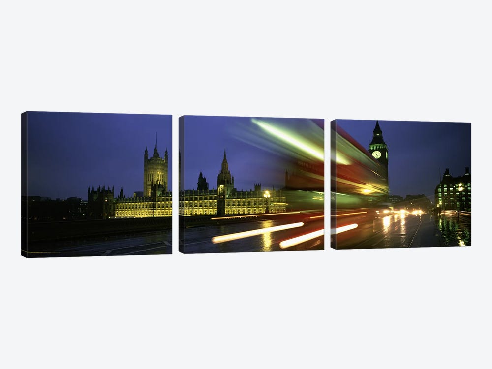 Blurred Motion View Of Nighttime Traffic On Westminster Bridge, London, England, United Kingdom by Panoramic Images 3-piece Art Print
