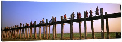 Myanmar, Mandalay, U Bein Bridge, People crossing over the bridge Canvas Art Print - Burma (Myanmar)