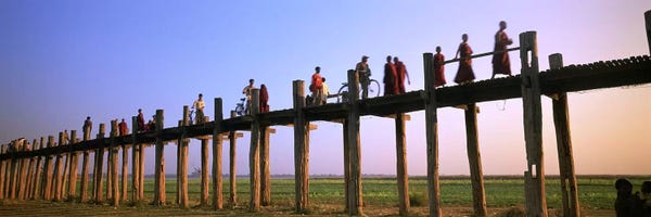 Burma (Myanmar): Myanmar, Mandalay, U Bein Bridge, People crossing over the bridge by Panoramic Images