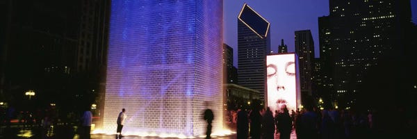Fountains: Spectators Watching The Visual Screen, The Crown Fountain, Millennium Park, Chicago, Illinois, USA by Panoramic Images